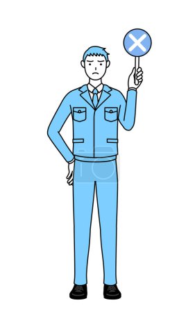 Illustration for Simple line drawing of a Man in work clothes holding a bar of buts indicating incorrect answers. - Royalty Free Image