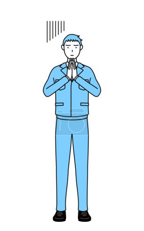 Illustration for Simple line drawing of a Man in work clothes apologizing with his hands in front of his body. - Royalty Free Image