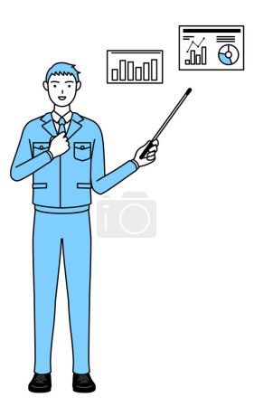 Illustration for Simple line drawing of a Man in work clothes analyzing a performance graph. - Royalty Free Image