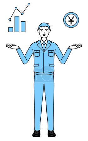 Ilustración de Dibujo de línea simple de un hombre en ropa de trabajo que guía una imagen de DXing, rendimiento y mejora de ventas. - Imagen libre de derechos