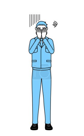 Ilustración de Dibujo de línea simple de un hombre en ropa de trabajo cubriendo su cara en depresión. - Imagen libre de derechos
