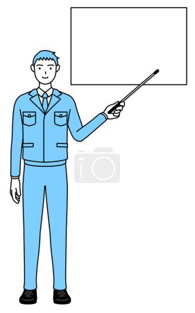 Ilustración de Dibujo de línea simple de un hombre con ropa de trabajo apuntando a una pizarra blanca con un indicador de palo. - Imagen libre de derechos