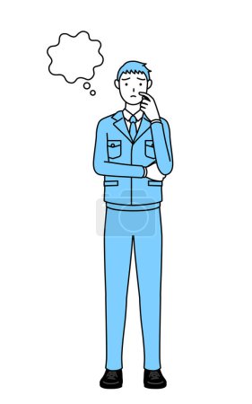 Ilustración de Dibujo de línea simple de un hombre en ropa de trabajo pensando mientras se rasca la cara. - Imagen libre de derechos