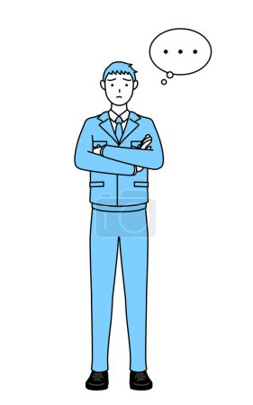 Ilustración de Dibujo de línea simple de un hombre en ropa de trabajo, brazos cruzados, pensando. - Imagen libre de derechos