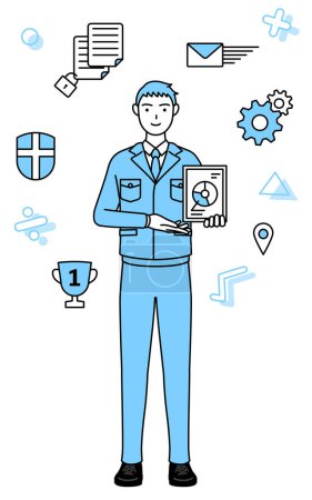 Ilustración de Imagen de DXing, Dibujo de línea simple de un hombre en ropa de trabajo usando tecnología digital para mejorar su negocio - Imagen libre de derechos