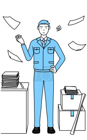 Ilustración de Dibujo de línea simple de un hombre en ropa de trabajo que está harto de su negocio no organizado. - Imagen libre de derechos