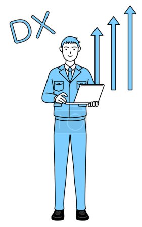 Illustration for Image of DXing,Simple line drawing of a Man in work clothes who has successfully improved his business - Royalty Free Image