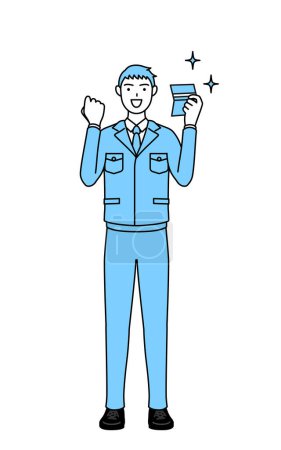 Illustration for Simple line drawing of a Man in work clothes who is pleased to see a bankbook. - Royalty Free Image