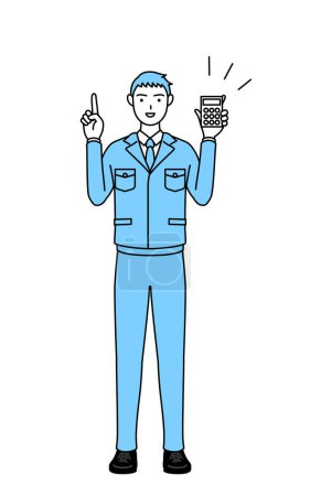 Ilustración de Dibujo de línea simple de un hombre con ropa de trabajo sosteniendo una calculadora y señalando. - Imagen libre de derechos