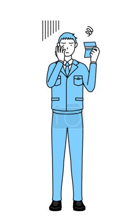 Ilustración de Dibujo de línea simple de un hombre en ropa de trabajo mirando su libreta de ahorros y sintiéndose deprimido. - Imagen libre de derechos