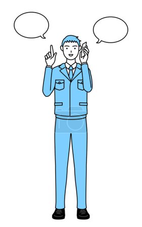 Ilustración de Dibujo de línea simple de un hombre con ropa de trabajo apuntando mientras está en el teléfono. - Imagen libre de derechos