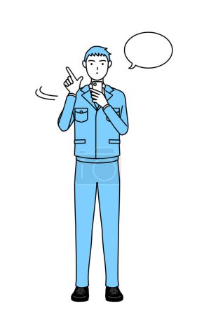 Ilustración de Dibujo de línea simple de un hombre en ropa de trabajo que opera un teléfono inteligente. - Imagen libre de derechos