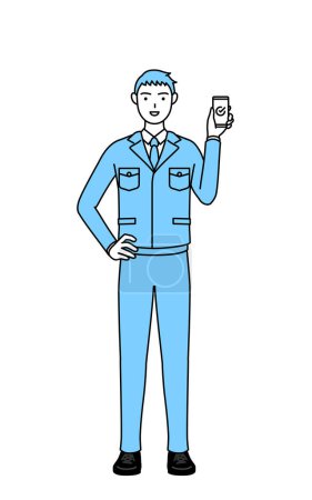 Illustration for Simple line drawing of a Man in work clothes using a smartphone at work. - Royalty Free Image