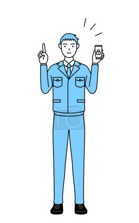 Ilustración de Dibujo de línea simple de un hombre en ropa de trabajo tomando medidas de seguridad para su teléfono. - Imagen libre de derechos