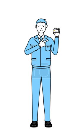 Illustration for Simple line drawing of a Man in work clothes recommending credit card payment. - Royalty Free Image