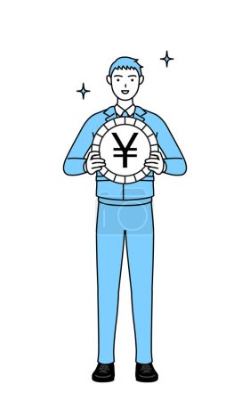 Ilustración de Dibujo de línea simple de un hombre en ropa de trabajo, una imagen de ganancias de cambio de divisas y la apreciación del yen - Imagen libre de derechos