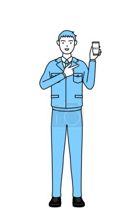 Illustration for Simple line drawing of a Man in work clothes recommending cashless online payments on a smartphone. - Royalty Free Image