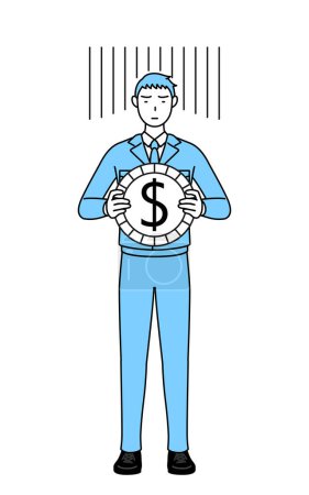 Ilustración de Dibujo de línea simple de un hombre en ropa de trabajo, una imagen de pérdida de cambio o depreciación del dólar - Imagen libre de derechos