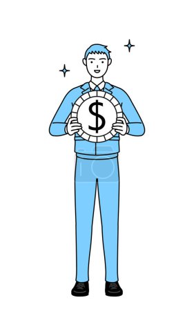Ilustración de Dibujo de línea simple de un hombre en ropa de trabajo, con imágenes de ganancias de cambio de divisas y apreciación del dólar. - Imagen libre de derechos