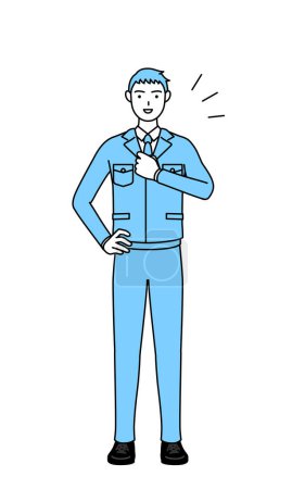 Illustration for Simple line drawing of a Man in work clothes tapping his chest. - Royalty Free Image