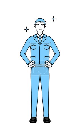 Ilustración de Dibujo de línea simple de un hombre en ropa de trabajo con las manos en las caderas. - Imagen libre de derechos