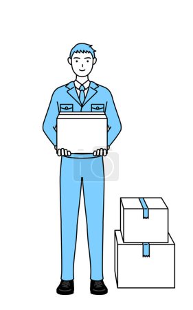 Illustration for Simple line drawing of a Man in work clothes holding a cardboard box. - Royalty Free Image
