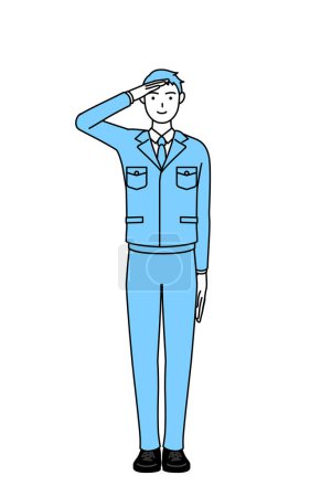 Ilustración de Dibujo de línea simple de un hombre en ropa de trabajo haciendo un saludo. - Imagen libre de derechos