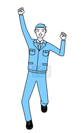 Illustration for Simple line drawing of a Man in work clothes smiling and jumping. - Royalty Free Image