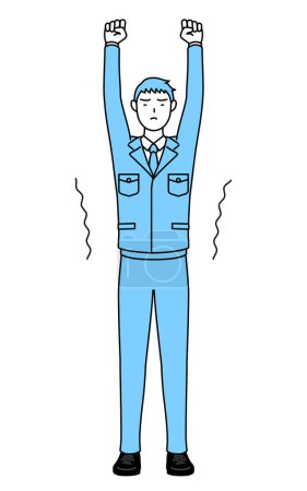 Illustration for Simple line drawing of a Man in work clothes stretching and standing tall. - Royalty Free Image