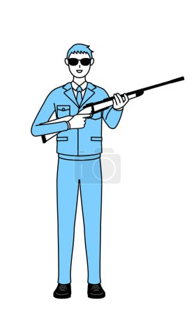 Ilustración de Dibujo de línea simple de un hombre en ropa de trabajo que lleva gafas de sol y sostiene un rifle. - Imagen libre de derechos