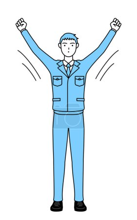 Ilustración de Dibujo de línea simple de un hombre en ropa de trabajo haciendo calistenia de radio, preparación para la prevención de accidentes - Imagen libre de derechos