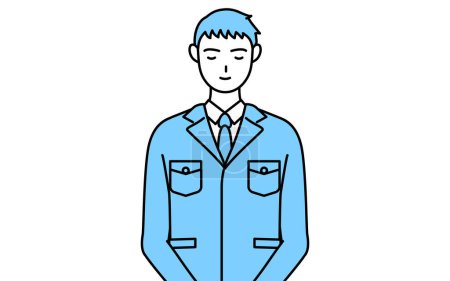 Illustration for Simple line drawing of a Man in work clothes with his hands folded in front of his body. - Royalty Free Image