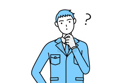 Ilustración de Dibujo de línea simple de un hombre en ropa de trabajo con preguntas. - Imagen libre de derechos