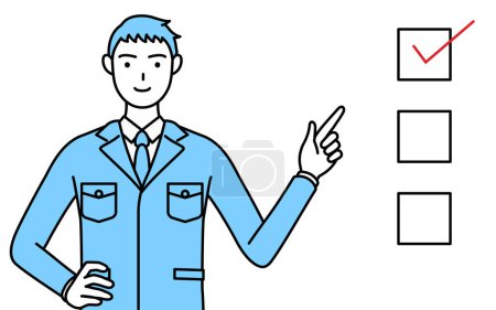 Ilustración de Dibujo de línea simple de un hombre con ropa de trabajo que apunta a una lista de verificación. - Imagen libre de derechos