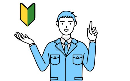 Ilustración de Dibujo de línea simple de un hombre en ropa de trabajo que muestra el símbolo de las hojas jóvenes. - Imagen libre de derechos