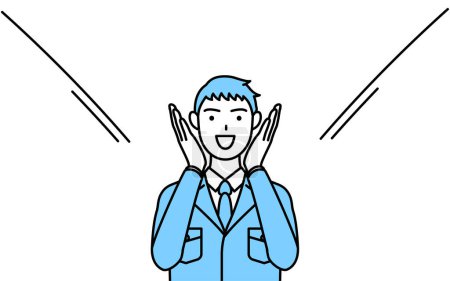 Illustration for Simple line drawing of a Man in work clothes calling out with his hand over his mouth. - Royalty Free Image