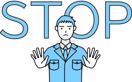 Illustration for Simple line drawing of a Man in work clothes with his hand out in front of his body,signaling a stop. - Royalty Free Image