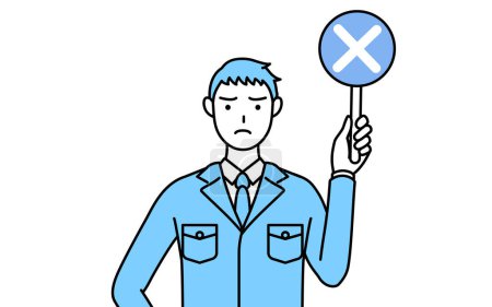 Illustration for Simple line drawing of a Man in work clothes holding a bar of buts indicating incorrect answers. - Royalty Free Image
