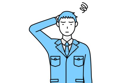 Ilustración de Dibujo de línea simple de un hombre en ropa de trabajo rascándose la cabeza en apuros. - Imagen libre de derechos