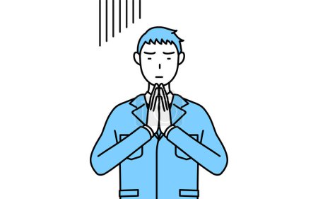 Illustration for Simple line drawing of a Man in work clothes apologizing with his hands in front of his body. - Royalty Free Image