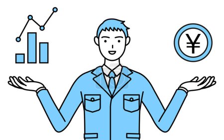 Illustration for Simple line drawing of a Man in work clothes guiding an image of DXing,performance and sales improvement. - Royalty Free Image