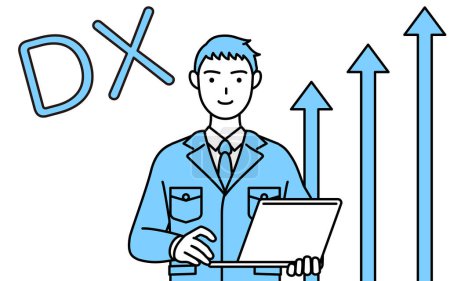 Ilustración de Imagen de DXing, dibujo de línea simple de un hombre en ropa de trabajo que ha mejorado con éxito su negocio - Imagen libre de derechos