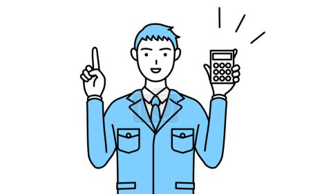 Ilustración de Dibujo de línea simple de un hombre con ropa de trabajo sosteniendo una calculadora y señalando. - Imagen libre de derechos