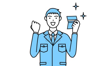 Ilustración de Dibujo de línea simple de un hombre en ropa de trabajo que se complace en ver un banco. - Imagen libre de derechos