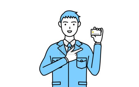 Ilustración de Dibujo de línea simple de un hombre en ropa de trabajo recomendando el pago con tarjeta de crédito. - Imagen libre de derechos
