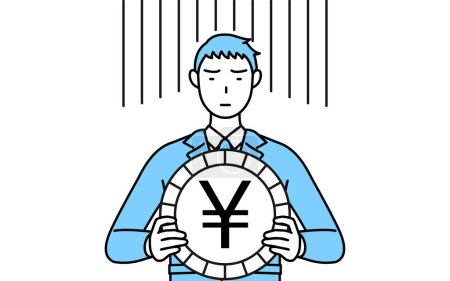 Ilustración de Dibujo de línea simple de un hombre en ropa de trabajo, una imagen de pérdida de intercambio o depreciación del yen - Imagen libre de derechos