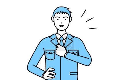 Illustration for Simple line drawing of a Man in work clothes tapping his chest. - Royalty Free Image