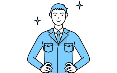 Illustration for Simple line drawing of a Man in work clothes with his hands on his hips. - Royalty Free Image