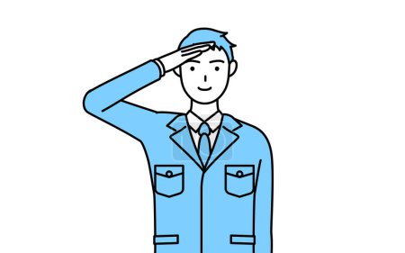 Illustration for Simple line drawing of a Man in work clothes making a salute. - Royalty Free Image