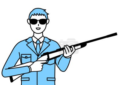 Illustration for Simple line drawing of a Man in work clothes wearing sunglasses and holding a rifle. - Royalty Free Image